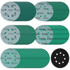 5 Inch 8 Hole Sanding Discs, 100 Pcs Wer Dry Sanding Disc Set 600 800 1000 1500 2000 Assorted Grits Hook and Loop Green Polyester Film Backed Sandpaper with Interface Pad for Random Orbital Sander