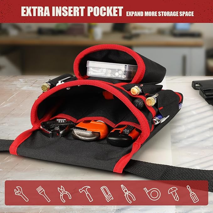 Magnetic Tool Belt for Men, 26 Pockets Heavy Duty Tool Pouch, Magnet Holster Nail Utility Toolbelt Detachable Adjustable Waist Holder for Handyman Contractor Mechanic Plumber Roofer Dad Gift -Red