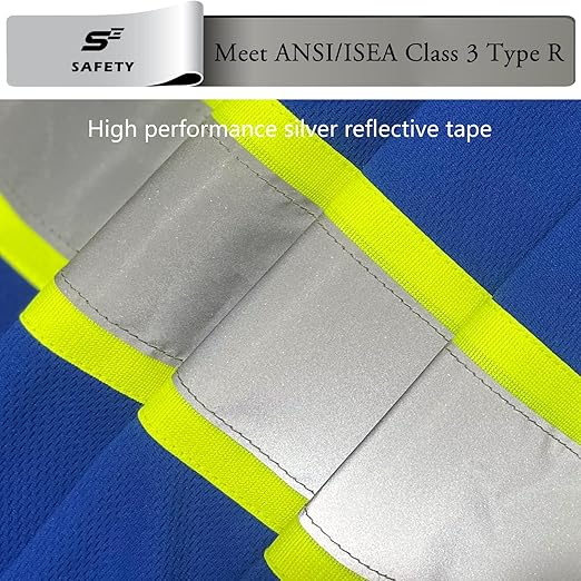 sesafety High Visibility Shirts for Men Class 3 Hi Vis Reflective Construction Shirts for Men with Pocket Safety T Shirt for Mens Work Shirt for Mens Short Sleeve Blue Yellow Strips 2XL