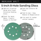 Sanding Discs 5 Inch 8 Hole 100 Grit - Heavy-Duty Hook & Loop Wet Dry Film Sandpaper Discs - Fine Grit Sand Paper for Random Orbital Sanders - Wood, Automotive, Metal, etc - 50 Pack Box