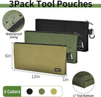 3 Pack Premium Tool Pouches Zipper Bag, 12 in Small Tools Bags with Carabiner, Heavy Duty Flat Bottom Utility Multipurpose Storage Organizer Bag for Tool, Stationary, Pencil (Tan, Navy Green, Black)