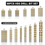 99 Pcs Drill Bit Set(1/16“-3/8”), 135° Tip Titanium Coated High Speed Steel, Twist Drill Bit Kit for Iron, Aluminum Alloy, Copper, Wood, Plastic, with Hard Storage