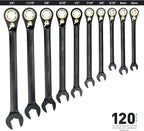 TRUE MECHANIC™ 20 Pc. 120T Reversible Ratcheting Combination Wrench Set, Long Pattern, SAE, Metric, Professional, With Portable Roll-Up Pouch Bag
