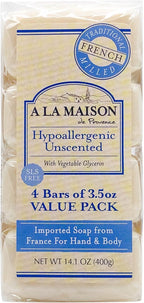A LA MAISON Hypoallergenic Unscented Bar Soap - Triple French Milled Natural Moisturizing Hand Soap Bar (4 Bars of Soap, 3.5 oz)