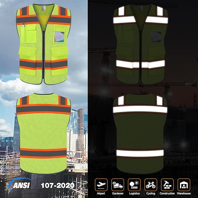 TCCFCCT Safety Vest for Men Women 5 Pockets Mesh High Visibility Reflective Vest with Reinforced Zipper, Durable Construction Work Vest with Fluorescent Orange Edge, Meets ANSI/ISEA, DW-Yellow, L