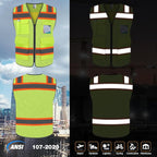 TCCFCCT High Visibility Vest 5 Pockets Mesh Reflective Safety Vest for Men Women, Hi Vis Work Vest with Reinforced Zipper and Fluorescent Orange Edge, Durable to Use, Meets ANSI/ISEA, DW-Yellow, 2XL