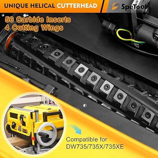 SpeTool 13 Inch Helical Planer Cutter Head for DW735 DW735X DW735-XE Thickness Planer, Spiral Cutterhead 4 Rows 56 Carbide Inserts with Pre-Assembled Bearings for Smoother Cut & Lower Noise