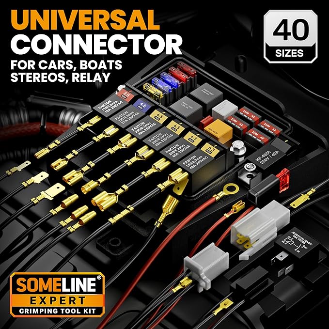 SOMELINE Spade Connector Crimping Tool Kit 24-14 AWG, 40 Types 2.8/4.8/6.3/7.8 mm Non-Insulated Spade Terminals and Terminal Housings - Open Barrel Crimping Tool, Ratchet Wire Crimper Tool