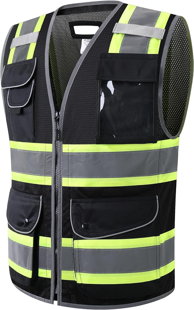 JKSafety 11 Pockets Hi-Vis Black Mesh Safety Vest for Men Women High Visibility Reflective Construction with Zipper Work Utility PPE Work Gear ANSI/ISEA compliant (102-Black 4XL)