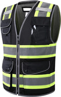 JKSafety 11 Pockets Hi-Vis Black Mesh Safety Vest for Men Women High Visibility Reflective Construction with Zipper Work Utility PPE Work Gear ANSI/ISEA compliant (102-Black 4XL)