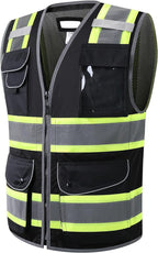JKSafety 11 Pockets Hi-Vis Black Mesh Safety Vest for Men Women High Visibility Reflective Construction with Zipper Work Utility PPE Work Gear ANSI/ISEA compliant (102-Black 4XL)