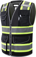 JKSafety 11 Pockets Hi-Vis Black Mesh Safety Vest for Men Women High Visibility Reflective Construction with Zipper Work Utility PPE Work Gear ANSI/ISEA compliant (102-Black 3XL)