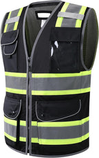JKSafety 11 Pockets Hi-Vis Black Mesh Safety Vest for Men Women High Visibility Reflective Construction with Zipper Work Utility PPE Work Gear ANSI/ISEA compliant (102-Black 5XL)