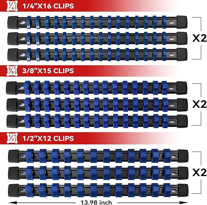 ALOANES 18 PC ABS Socket Organizer, 1/2 inch, 3/8 inch and 1/4 inch Drive Socket Rail Holders, Heavy Duty Socket Racks, Black Rails with Blue Clips