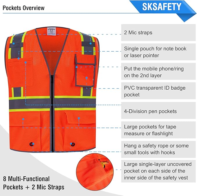 SKSAFETY 10 Pockets Safety Vest, Class 2 High Visibility Security with Zipper Double-sided mesh, Hi Vis Vest with Reflective Strips, ANSI/ISEA Standard, Construction Work Vest （Orange, 2XL）