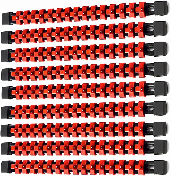 ALOANES 9 PC ABS Socket Organizer, 3/8 inch, Drive Socket Rail Holders, Heavy Duty Socket Racks, Black Rails with Red Clips