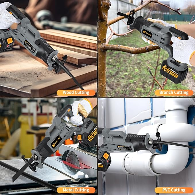 Brushless Reciprocating Saw, 21V Cordless saw saw with 2 x 6.0Ah battery, Electric Portable Sierra Recíproca with 12 Blades & LED Light, 0-3500 SPM Professional Sawsall for Wood, Metal, PVC