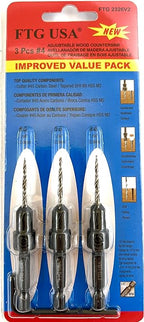 FTG USA Adjustable Wood Countersink Drill Bit Set 3 Pc #4 (7/64"") with Tapered Drill Bits for Woodworking
