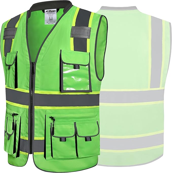 JKSafety 10 Pockets Hi-Vis Zipper Front Fluorescent Green Safety Vest | Cushioned Collar | High Reflective Tapes with Extended Neon Yellow Strips | Meets ANSI/ISEA Standards (4X-Large, 89-Green)