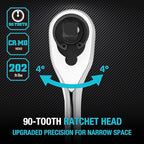 DURATECH Extra Long Handle 3/8-Inch Drive Ratchet, 90-Tooth Ratchet Wrench with 12" Handle and Dust Proof Teardrop Enclosed Head, Reversible, CR-V Steel Made, CR-MO Head, Full Polished, Gifts for Men