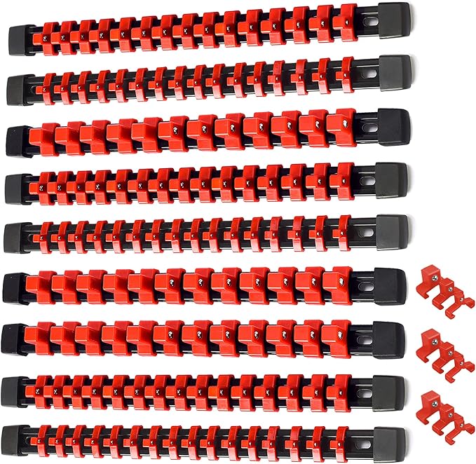 ALOANES 9 PC ABS Socket Organizer, 1/2 inch, 3/8 inch and 1/4 inch Drive Socket Rail Holders, Heavy Duty Socket Racks, Black Rails with Red Clips