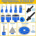 DAIMIT 13-Piece Diamond Drill Bits Set | Vacuum-Brazed Core Hole Saws (5/8"-11 Arbor) for Tile, Marble & Porcelain | Wet/Dry Use | Granite & Glass Cutting Kit