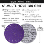 6-Inch 180 Grit Ceramic Multi-Hole Hook & Loop Sanding Discs - Advanced Grain for Fast Cutting & Long Life - Film-Backed Universal Fit Sandpaper for 6-in Sanders - 50 Pack Box