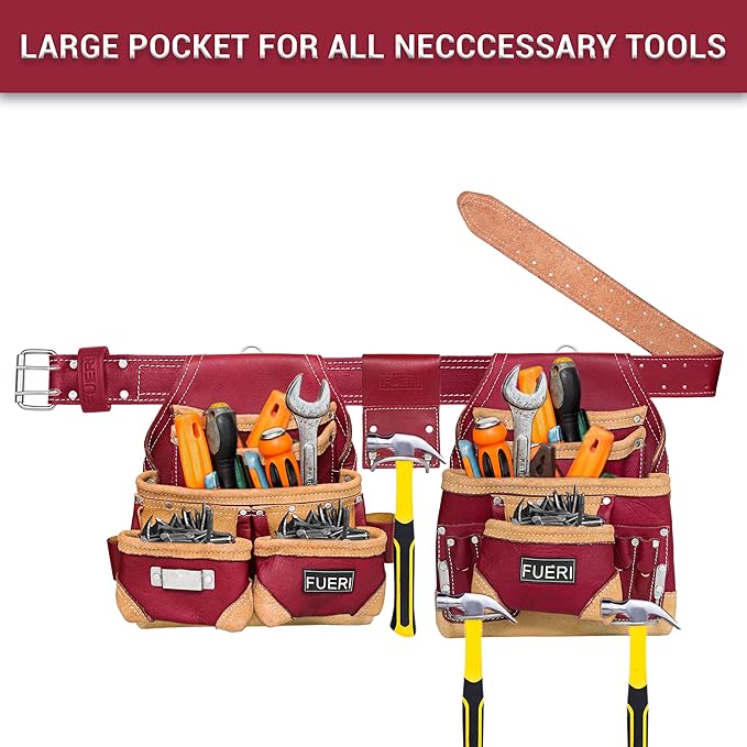 FUERI Leather Tool Belt Bag Men Pouch Heavy Duty Tools Pouches Organizer for Carpenter Construction Electrician Belts Bags Holder (16 Pocket Maroon, Adjustable)