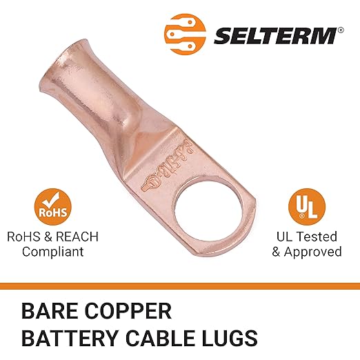 SELTERM 10pcs 6 AWG - 5/16" Stud - Heavy Duty Wire Lugs, Ring Terminals, Battery Cable Ends, 6 Gauge Terminals, UL Bare Copper Eyelets Electrical Terminal Connectors