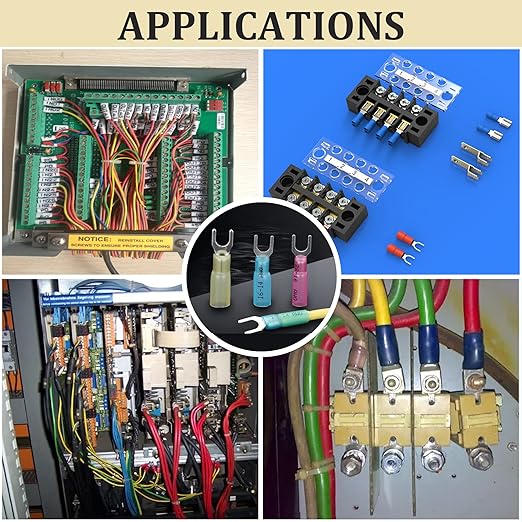 100pcs 12-10 AWG Marine Grade Heat Shrink Fork Connectors, ＃10 Tinned Copper Heat Shrink Fork Terminals, Insulated Electrical Spade Crimp Fork Wire Connectors (Yellow AWG12-10)