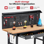 Workbench with Wheels 60 Inch Heavy Duty Rubberwood Tabletop Work Bench for Garage Adjustable Height Work Table with Pegboard, Drawers, Power Outlets for Woodworking, Home, Office, Workshop