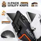 REXBETI 6 Pack Retractable Folding Utility Knife, SK5 Heavy Duty Box Cutter for Cartons, Cardboard and Boxes, Blade Storage Design, Extra 20 Blades Included