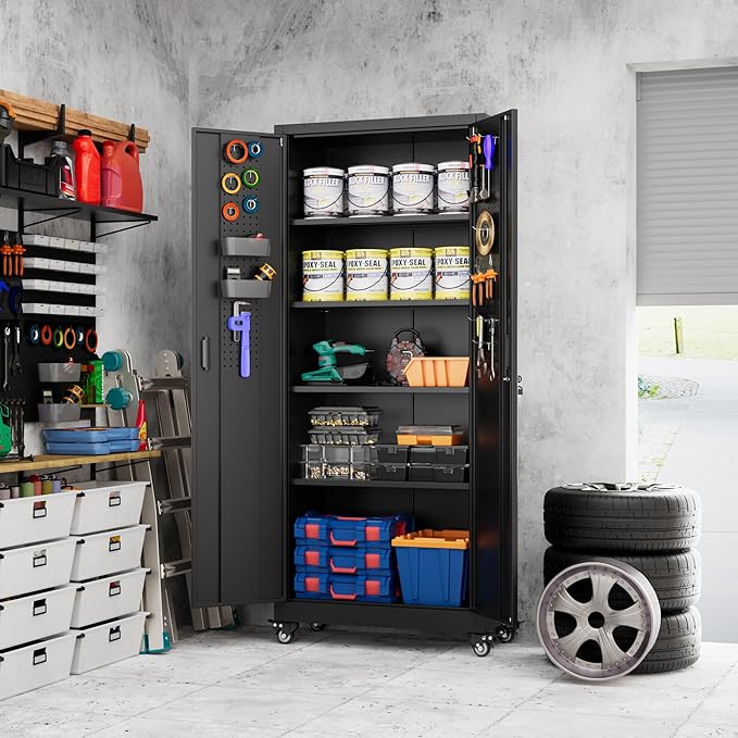73''H Metal Garage Storage Cabinet with Pegboard, Rolling Tool Cabinets on Wheels,Steel Locker for Garage Office School Home Warehouse Utility Room, Assembly Require,Black