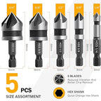 5 Pcs Countersink Drill Bit Set, 82 Degree 5 Flute High-Speed Steel Countersink Drill Bit with 1/4” Hex Shank, 1/4" to 3/4" Size for Machinable Metals, Wood, Carbon Steel, in Aluminum Case