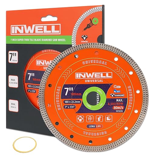 7 Inch Diamond Saw Blade, Mesh Turbo Cutting Wheel for Tile, Porcelain, Ceramic, Granite, Marble - 10mm Segment, Super Thin 1.6mm, 7/8" Arbor with Flange - Dry or Wet Cutting