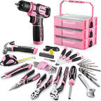 WORKPRO Pink Cordless Drill Driver with Toolbox, 8V Lithium-ion Power Drill and Bits, 2.0 Ah Portable Electric Screwdriver Home Tool Set with Stackable Pink Ribbon Tool Box
