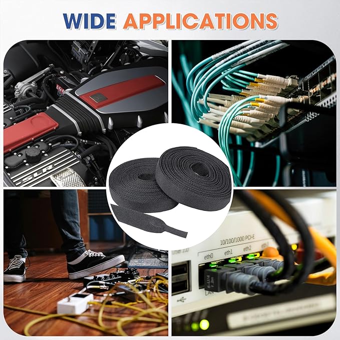 2:1 Heat shrinkable Braided Sleeving Fabric Wire Loom High Temp Heat Shrink Wiring Harness Abrasion Protector Cable Sleeve(1/2"-48ft)