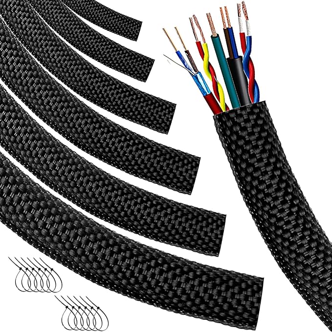 Automotive Wire Loom High Temperature Braided Wire Loom, Split-Sleeve Heat Resistant Wiring Loom Cord Cover for Harness Wires, Self-Wrapping Heavy Duty Sheathing Cable Management Black（10ft-1/2inch ）