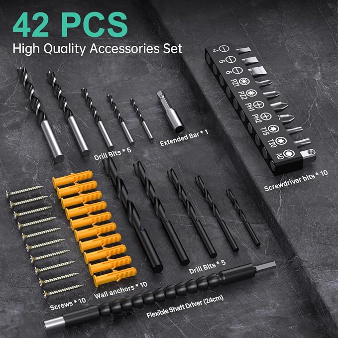 Cordless Drill Set,12V Power Drill Driver 3/8" Keyless Chuck with 42 Acessories, Built-in LED Light, 25+1 Position, Electric Drill for Home DIY Projects（Cyan）