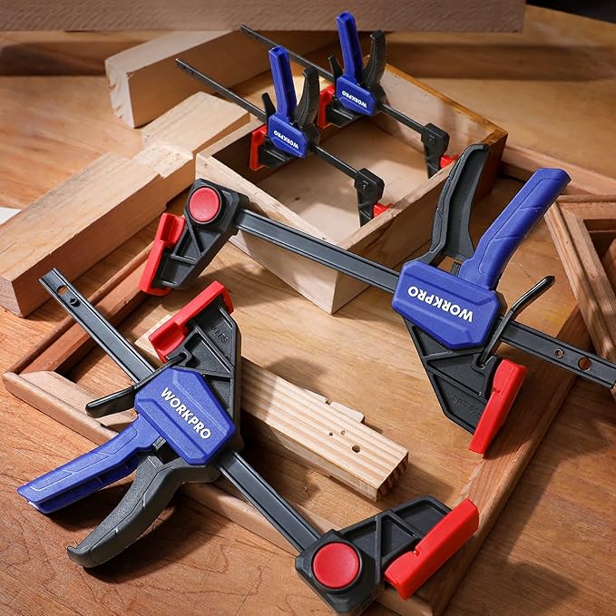 WORKPRO Mini Bar Clamps for Woodworking, 6"(2) and 4-1/2"(2), 4-Piece One-Handed Clamp/Spreader, Light-Duty Quick-Change F Clamp with 150lbs Load Limit Blue