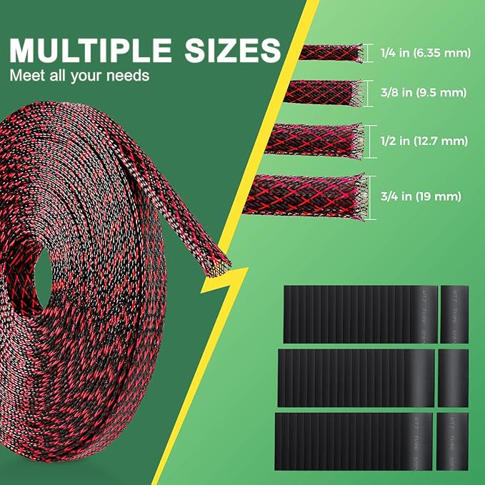 132 ft Expandable Braided Cable Sleeve Wire Loom PET Wire Sleeving，Wrap Management Mesh for Audio Video and Other Home Device Cable Automotive Wire - (1/2 Inch, 1/4 Inch, 2/5 Inch,3/4 Inch, Red)