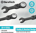 DURATECH Stubby Flex-head Ratcheting Combination Wrench Set, 8-piece, Metric, 9 to 17mm, CR-V Steel, Black Electrophoretic Coating, with Rolling Pouch