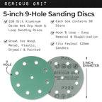 5-Inch 9-Hole 220 Grit Sanding Discs - Heavy-Duty Hook & Loop Film Discs - Sandpaper for Random Orbital Sanders - 50 Pack Box