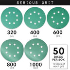 Sanding Discs 5 Inch 8 Hole Fine Grit Assortment - 320, 400, 600, 800, 1000 Grit (10/each) - Hook & Loop Wet Dry Film Sandpaper Discs - Sand Paper for Random Orbital Sanders - 50 Pack Box