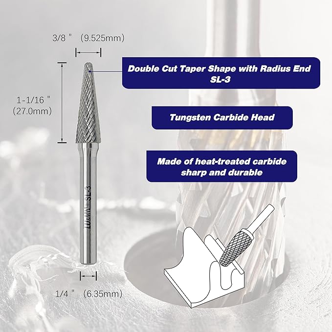 SL-3 Tungsten Carbide Burr Rotary File, Taper Shape Double Cut, 4pcs by LU&MN