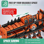 Suchtale Power Tool Organizer with Charging Station,33.2''Garage 8 Drill Holders Wall Mount,3 Layers Heavy Duty Metal Tool Shelf with 8 Outlets Power Strip, Gift for Men, Father, Orange