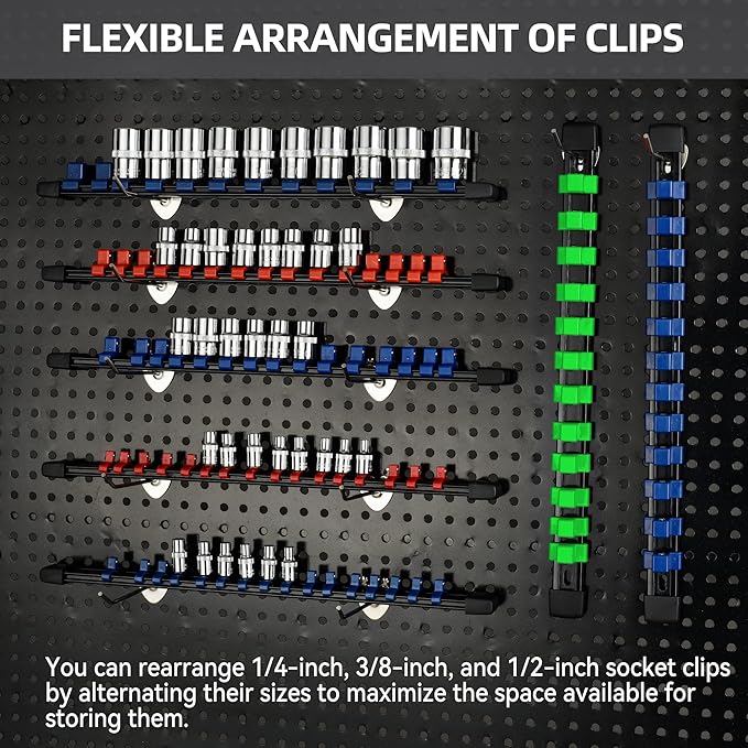 Socket Organizer Drive ABS Tools - Socket Holder, Premium Quality 18 Pieces Socket Holders Kit 1/4-Inch x 96 Clips, 3/8-Inch x 90 Clips, 1/2-Inch x 72 Clips（18PC,Mix-color)