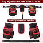 Tool Belt,Magnetic Tool Pouch,27-Pockets Heavy Duty Padded Tool Belts for Men,Detachable & Adjustable Tool Pouch Bag for Electrician,Carpenter,Construction,Work Apron,Utility Belt,Black,Red