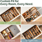 6-Piece Bamboo Drawer Organizer Set, 2.2" Deep | Multi-Use Organizers for Utensils, Silverware, Cutlery, Desk, Bathroom, Junk Drawer & Makeup, Non-Slip Feet Included.