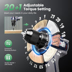 20V Cordless Drill Kit, 620 in-lbs Torque, 3/8" Keyless Chuck, Brushless Power Drill with 2.0Ah Battery and Charger, 2+1 Variable Speed, 20+1 Position Electric Drill Driver with LED, Belt Hook, Bag